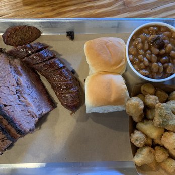407 BBQ - Brisket, hot links, fried okra and baked beans. - Barbeque Near Me - Argyle, Texas