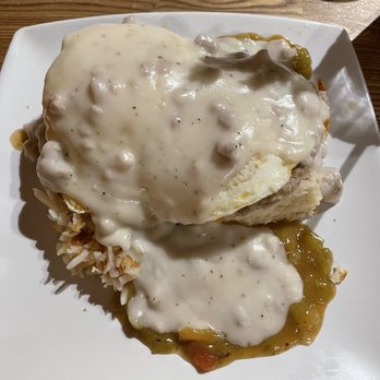 Darbi's Cafe - SOB.  Green chili and sausage gravy with sausage patties and biscuits. So much food! - American Near Me - Pinetop, Arizona