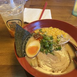 Lychee green tea with rainbow jelly and spicy tonkotsu ramen with corn