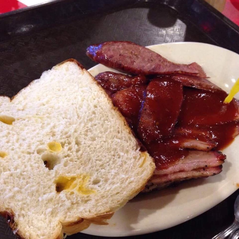 Schulze Bar-B-Que & Catering - My combo plate: sausage and brisket. I believe the bread is homemade - Caterers Near Me - Rosenberg, Texas