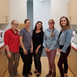 Harmony Smiles Dentistry - L to R: Dr. Heidi Meuret, Lead Dental Assistant Vlisha, Operations Manager Christina, Dr. Samantha Simon, and Marketing Specialist Chantel.
