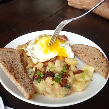 Der Biergarten - Leberkas with egg, potato salad and bread - German Near Me - Atlanta, Georgia