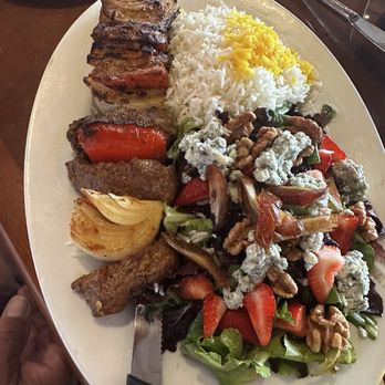 Panini Kabob Grill - Lamb kabob, basmati rice and strawberry date salad - Mediterranean Near Me - Riverside, California Panini Kabob Grill - Lamb kabob, basmati rice and strawberry date salad - Mediterranean Near Me - Riverside, California