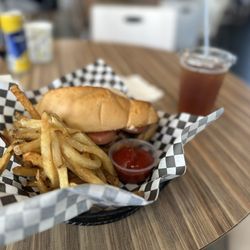 Pulled Pork Torta, Fries, and Iced Tea
