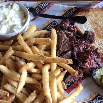Burnt End BBQ - Single meat platter with burnt ends, fries, and white cheddar grits - Barbeque Near Me - De Soto, Kansas