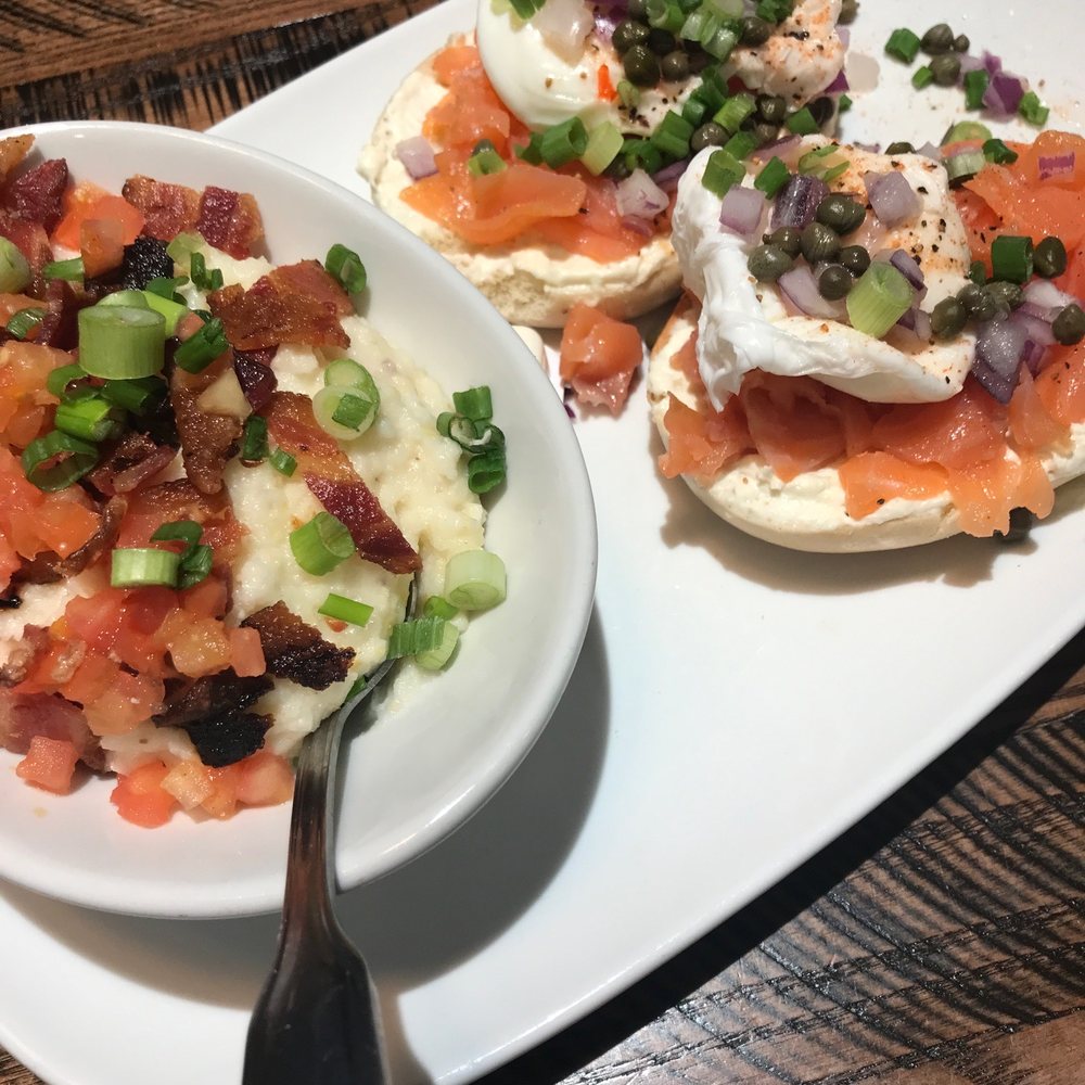 Another Broken Egg Cafe - Salmon Benedict with grits fully loaded - Breakfast & Brunch Near Me - Flowood, Mississippi
