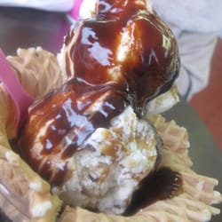 Baskin-Robbins 31 Ice Cream Stores - 2 Scoop Waffle Bowl Sundae with Quarterback Crunch IC & Chocolate Caramel Truffle IC and Hot Fudge