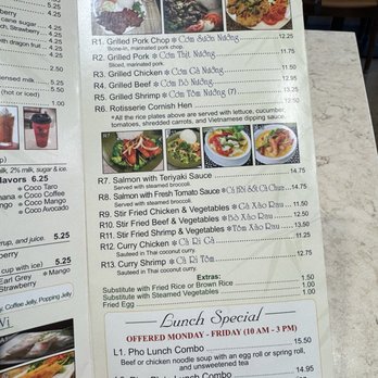 V Bistro - The menu lists various Vietnamese rice plates, grilled meats, seafood, and lunch combos, with prices and descriptions, including options like grilled pork, chicken, beef, shrimp, and curry dishes. - Vietnamese Near Me - Conroe, Texas