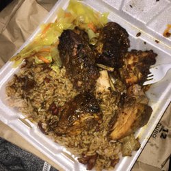 K & B Carribean Restaurant - Jerk Chicken w/ rice & peas and cabbage
