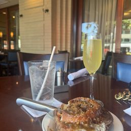 Apple caramel donut dessert and passion fruit mimosa Apple caramel donut dessert and passion fruit mimosa
