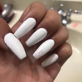 Utopia Nails - Medium-short coffin, white gel, foil glitter(I believe that is what it was called) - Nail Salons Near Me - Fontana, California