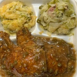 Fatz Shawn’s Soul Kitchen - Smothered Pork Chops & 2 Sides (Broccoli & Cheese & Cabbage) Delicious & flavorful!