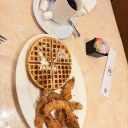 Chicken N Waffles - Waffle, chicken tenders, and coffee