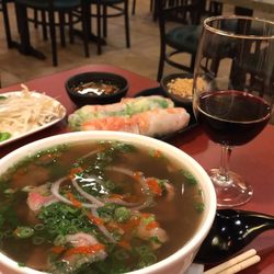 Pho Saigon 8 - Rare and well cooked beef pho, spring rolls and glass of Cabernet. So good!