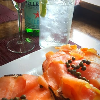 The Artesian Restaurant - Smoked Salmon, Bagel, Cream Cheese, Capers (unnecessary pile of tomatoes and red onion on the side not pictured-bleh) - Wine Bars Near Me - Ojo Caliente, New Mexico