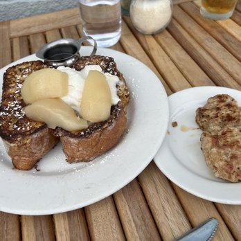 Plow - Custard French toast with a side of house made pork sausage patties - Breakfast & Brunch Near Me - San Francisco, California Plow - Custard French toast with a side of house made pork sausage patties - Breakfast & Brunch Near Me - San Francisco, California