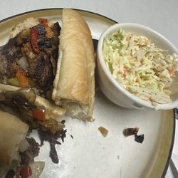 Poopie Di Manno's Lunch - Philly Cheesesteak w/ coleslaw   Mushrooms, onions, and peppers