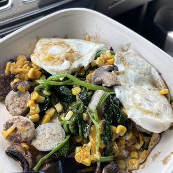 B Nutritious - Breakfast bowl with Spinach, mushrooms, corn, cheese, chicken sausage and over medium eggs. - Salad Near Me - Fountain Valley, California B Nutritious - Breakfast bowl with Spinach, mushrooms, corn, cheese, chicken sausage and over medium eggs. - Salad Near Me - Fountain Valley, California
