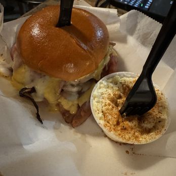 Smugglers - Trashy Cuban Smash Burger with side of potato salad - American Near Me - Eagle River, Wisconsin