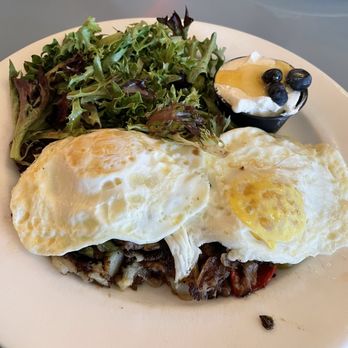 Skylark Diner - Short rib hash with a salad and yogurt with honey and blueberries - Diners Near Me - Edison, New Jersey