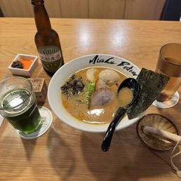 roasted sesame miso ramen with egg, Kyoto Matcha IPA roasted sesame miso ramen with egg, Kyoto Matcha IPA