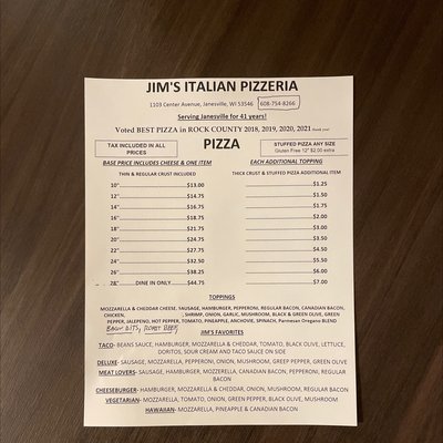 Menu photo 4 Jim's Pizzeria Janesville, WI