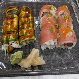 Eel avocado roll (left) yellow fin tuna (right)