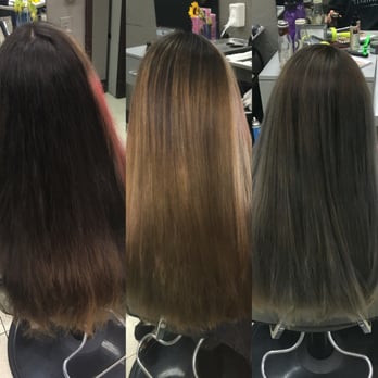 Hair By Vanessa - The process to get her a silver ombré. From left to right, before, during, and after! - Hair Stylists Near Me - Scotts Valley, California Hair By Vanessa - The process to get her a silver ombré. From left to right, before, during, and after! - Hair Stylists Near Me - Scotts Valley, California