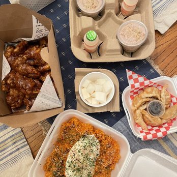 1derful K-BBQ - soy garlic chicken, kimchi fried rice, dumplings, pickled radish, Yakult, and mousse parfait. - Korean Near Me - Kennewick, Washington