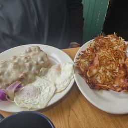 Sausage gravy and biscuits, hash browns