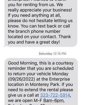 Enterprise Rent-A-Car - After sending my email to customer support, this number texted me. There was no mention of my negative experience. - Car Rental Near Me - Monterey Park, California Enterprise Rent-A-Car - After sending my email to customer support, this number texted me. There was no mention of my negative experience. - Car Rental Near Me - Monterey Park, California