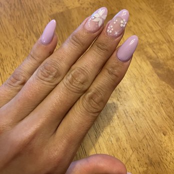 Mermaid Nails & Spa - Almond shaped gel full set French/solid combo with flower detail, two colors. - Nail Salons Near Me - Groton, Connecticut