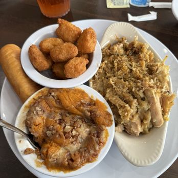 The Copper Pot - Chicken casserole with corn fritters and sweet potato casserole - Southern Near Me - Mount Airy, North Carolina The Copper Pot - Chicken casserole with corn fritters and sweet potato casserole - Southern Near Me - Mount Airy, North Carolina