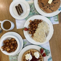 Waffle, Pancakes, Sausage, Breakfast potatoes and B&G's