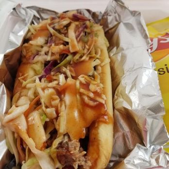 That's My Dog - The Texacali - bbq brisket, cajun slaw and TMD sauce... yumm... - Hot Dogs Near Me - Katy, Texas That's My Dog - The Texacali - bbq brisket, cajun slaw and TMD sauce... yumm... - Hot Dogs Near Me - Katy, Texas