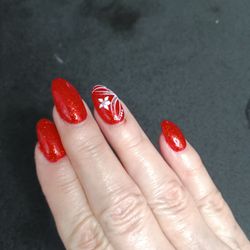 Judy Nails - Red sparkling gel nails. Jan. 2024.