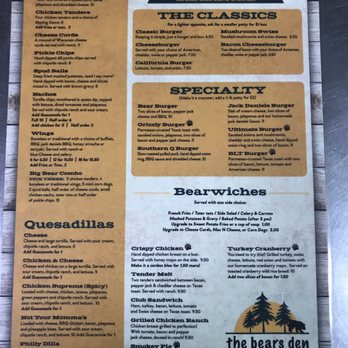 The Bears Den - the menu of the restaurant - Sports Bars Near Me - Byron, Minnesota