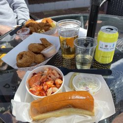 DJ’s Clam Shack - Double lobster with roll on the side. Onion rings and fried shrimp basket.