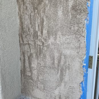 Eagle Plastering - Close up of BEFORE  This was supposed to match the existing. Clearly it didn't. - Stucco Services Near Me
