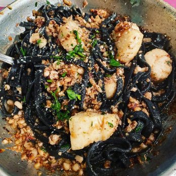 The Daily Catch - Black Squid Ink Pasta - Aglio Olio w/ Scallops - Italian Near Me - Boston, Massachusetts The Daily Catch - Black Squid Ink Pasta - Aglio Olio w/ Scallops - Italian Near Me - Boston, Massachusetts