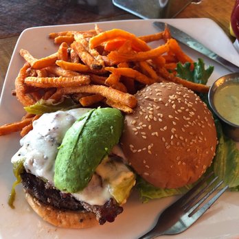 Boathouse Cantina - Boater burger with sweet potato fries (2 patties with provolone cheese, bacon, a green chili, and mojo sauce-yummy!) - Burgers Near Me - Salida, Colorado