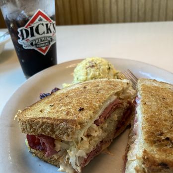 Dick's Brewing NW Sausage & Deli - Rueben with house made potato salad and fresh brewed root beer. - Meat Shops Near Me - Centralia, Washington Dick's Brewing NW Sausage & Deli - Rueben with house made potato salad and fresh brewed root beer. - Meat Shops Near Me - Centralia, Washington
