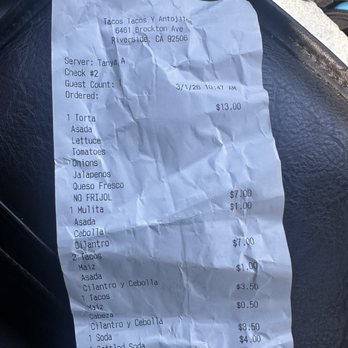 Tacos Tacos Y Antojitos - Receipt with extra charges - Tacos Near Me - Riverside, California Tacos Tacos Y Antojitos - Receipt with extra charges - Tacos Near Me - Riverside, California