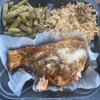 Midwest Grille - Stuffed Salmon (lobster, shrimp, crab meat), hibachi rice and green beans. - Soul Food Near Me - Detroit, Michigan Midwest Grille - Stuffed Salmon (lobster, shrimp, crab meat), hibachi rice and green beans. - Soul Food Near Me - Detroit, Michigan