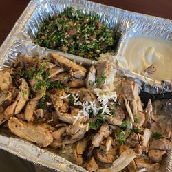 The Charcoal Restaurant - Shawarma Plate w Tabouli. Delicious. I prefer tahini sauce but this is done right.