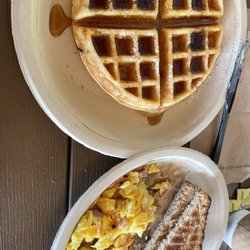Seaside Café - Belgian waffle and scrambled eggs