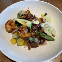 Teriyaki Shrimp & Avocado (entree was split - here showing half of the bowl)