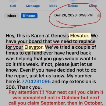Genesis Elevator - And yet they claimed they completed my job in September and we aren't even under contract with them! And they want to be paid for it - Elevator Services Near Me - Kennesaw, Georgia Genesis Elevator - And yet they claimed they completed my job in September and we aren't even under contract with them! And they want to be paid for it - Elevator Services Near Me - Kennesaw, Georgia