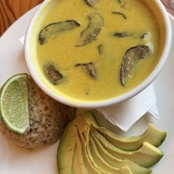 Blossoming Lotus Cafe - Tom kha soup with brown rice and avocado.