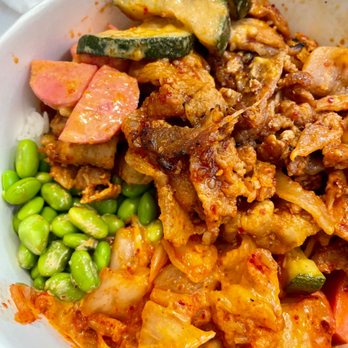 Marinate Korean BBQ - Spicy thin sliced Spicy Pork Belly Bowl with edamame, zucchini, radish, and kimchi. - Korean Near Me - Long Beach, California
